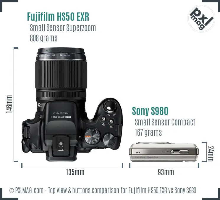 Fujifilm HS50 EXR vs Sony S980 top view buttons comparison