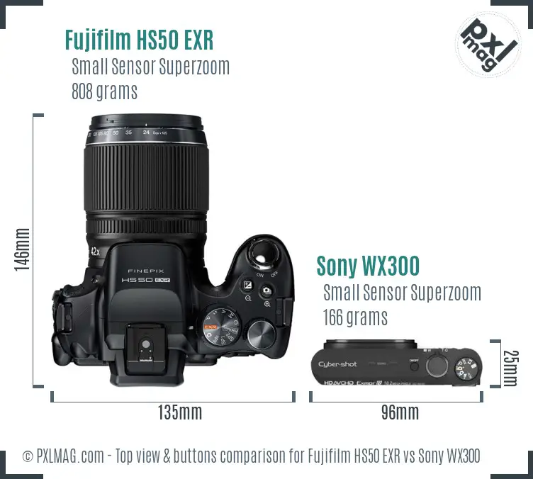 Fujifilm HS50 EXR vs Sony WX300 top view buttons comparison