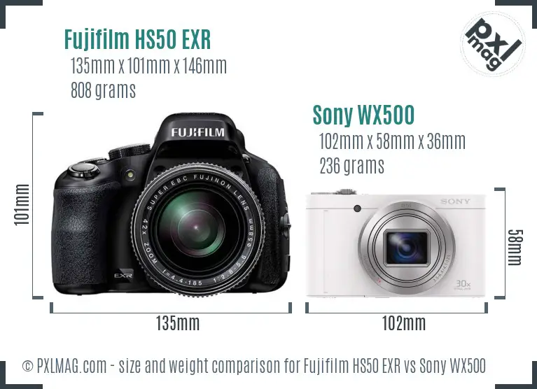 Fujifilm HS50 EXR vs Sony WX500 size comparison
