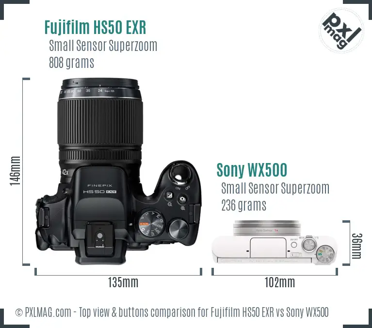 Fujifilm HS50 EXR vs Sony WX500 top view buttons comparison