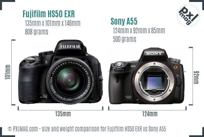 Fujifilm HS50 EXR vs Sony A55 size comparison