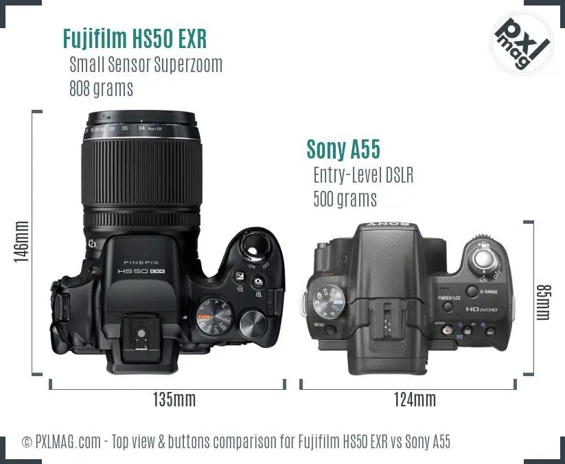 Fujifilm HS50 EXR vs Sony A55 top view buttons comparison