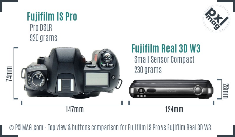 Fujifilm IS Pro vs Fujifilm Real 3D W3 top view buttons comparison