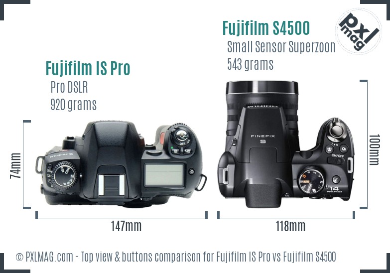 Fujifilm IS Pro vs Fujifilm S4500 top view buttons comparison