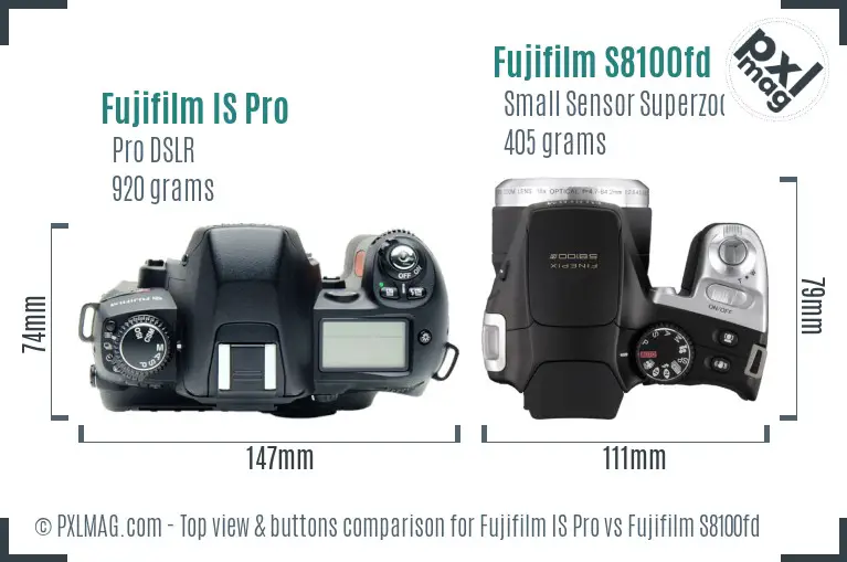 Fujifilm IS Pro vs Fujifilm S8100fd top view buttons comparison