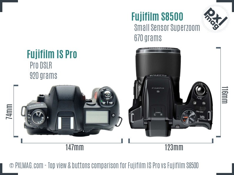 Fujifilm IS Pro vs Fujifilm S8500 top view buttons comparison