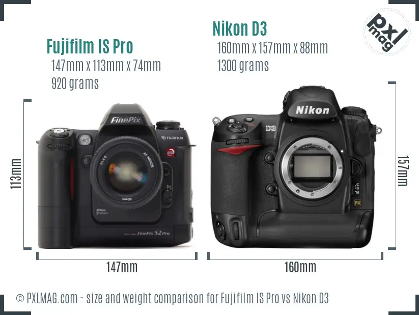Fujifilm IS Pro vs Nikon D3 size comparison