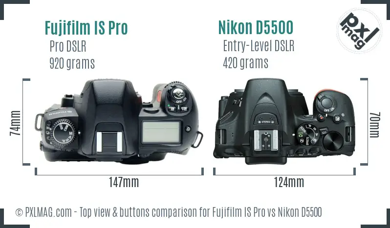 Fujifilm IS Pro vs Nikon D5500 top view buttons comparison