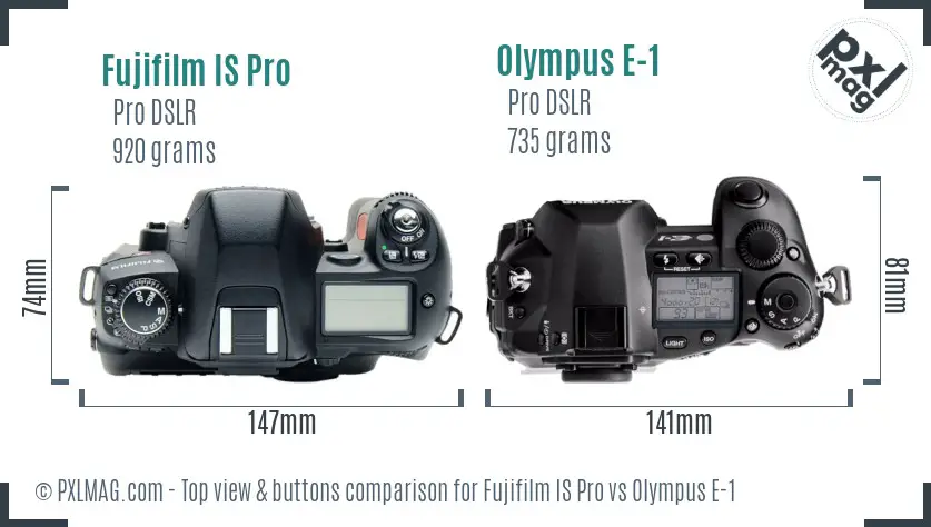 Fujifilm IS Pro vs Olympus E-1 top view buttons comparison