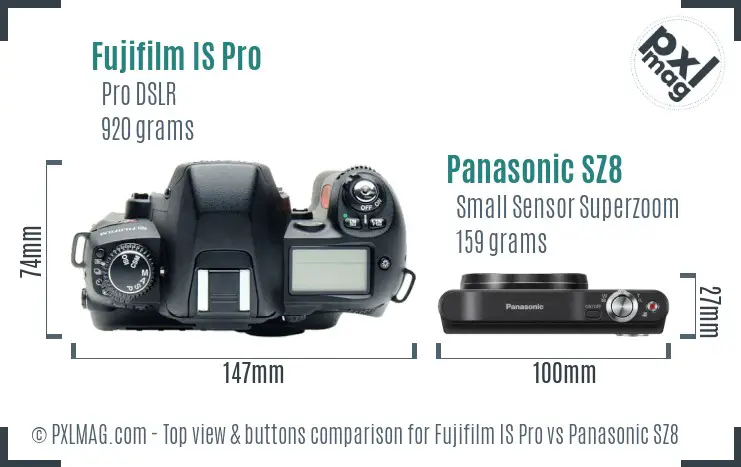 Fujifilm IS Pro vs Panasonic SZ8 top view buttons comparison