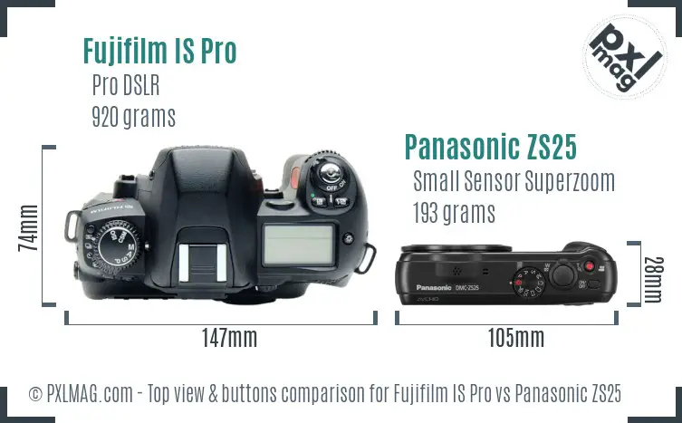 Fujifilm IS Pro vs Panasonic ZS25 top view buttons comparison