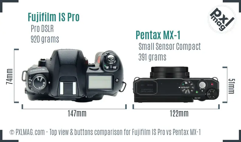 Fujifilm IS Pro vs Pentax MX-1 top view buttons comparison