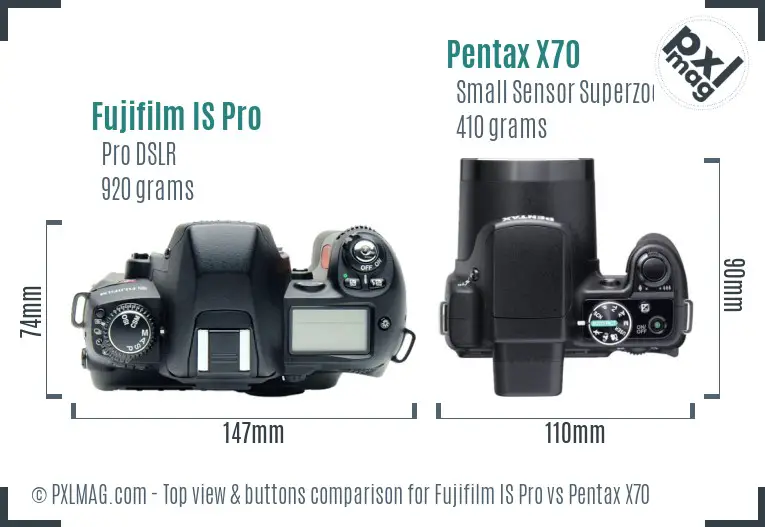 Fujifilm IS Pro vs Pentax X70 top view buttons comparison