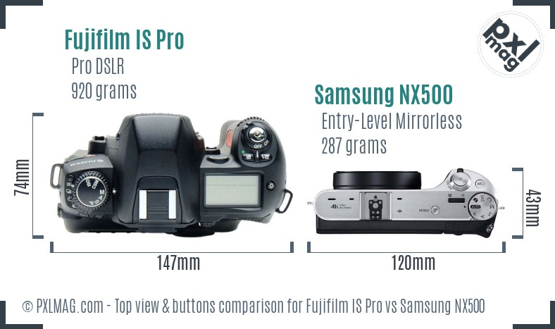Fujifilm IS Pro vs Samsung NX500 top view buttons comparison