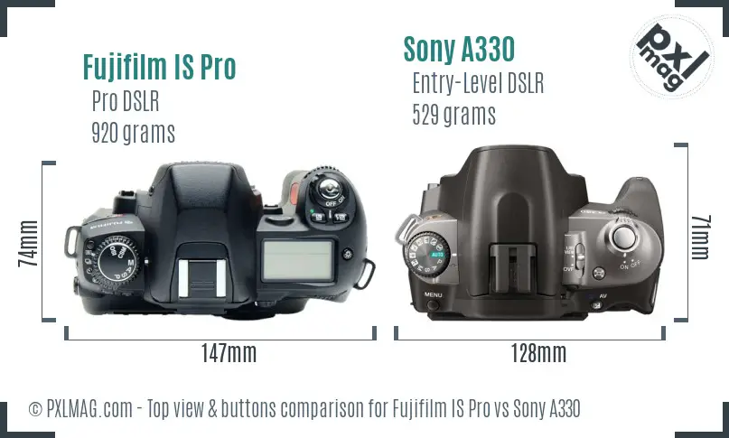 Fujifilm IS Pro vs Sony A330 top view buttons comparison