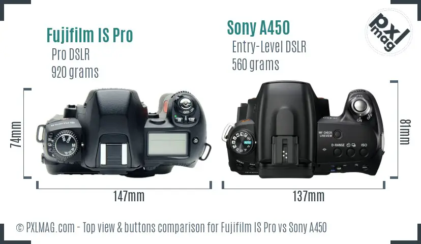 Fujifilm IS Pro vs Sony A450 top view buttons comparison Fujifilm IS Pro vs Sony A450 top view buttons comparison
