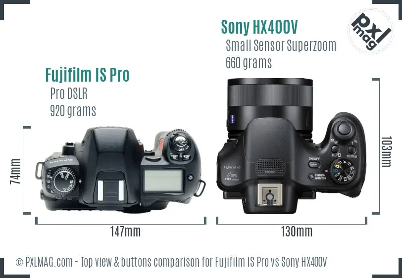 Fujifilm IS Pro vs Sony HX400V top view buttons comparison