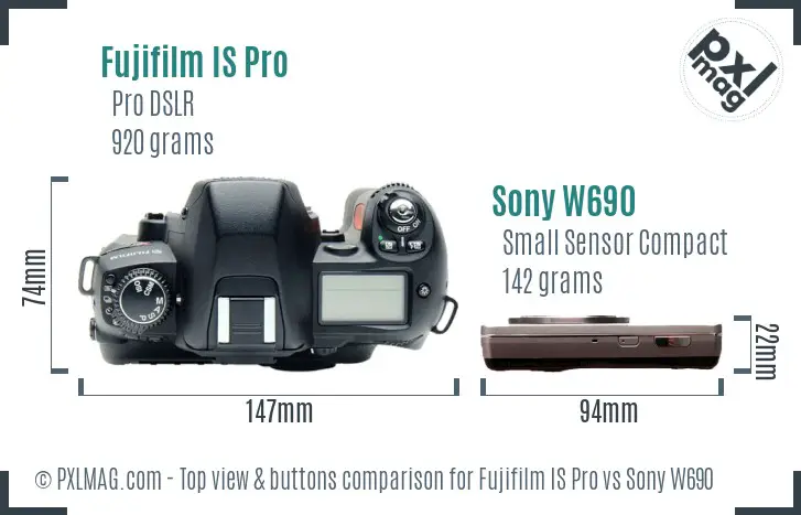 Fujifilm IS Pro vs Sony W690 top view buttons comparison