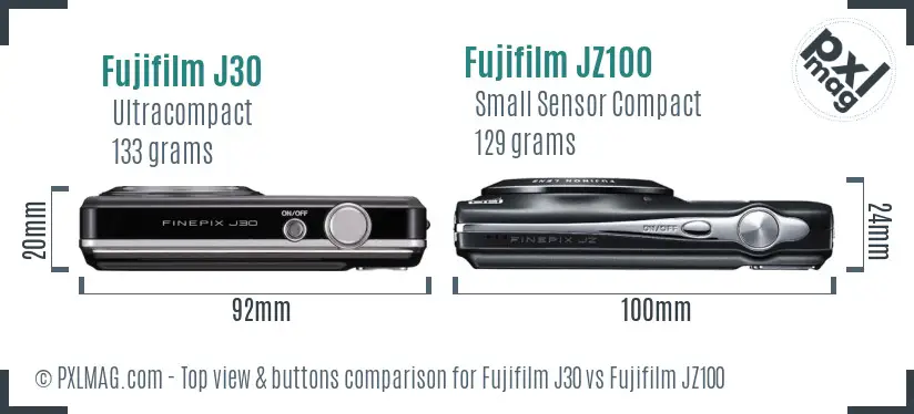Fujifilm J30 vs Fujifilm JZ100 top view buttons comparison Fujifilm J30 vs Fujifilm JZ100 top view buttons comparison