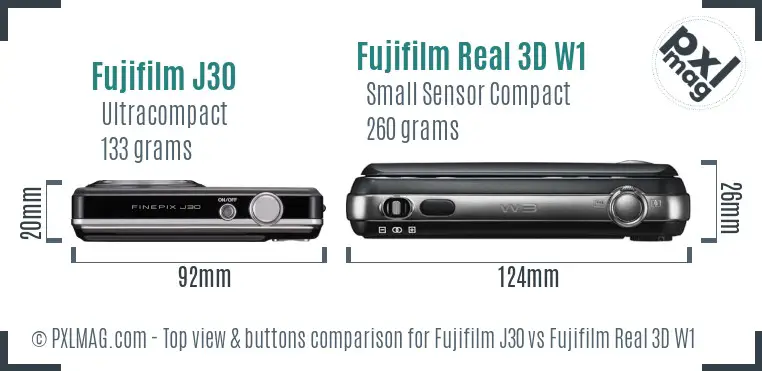 Fujifilm J30 vs Fujifilm Real 3D W1 top view buttons comparison Fujifilm J30 vs Fujifilm Real 3D W1 top view buttons comparison