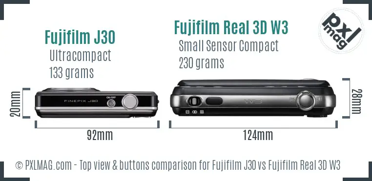 Fujifilm J30 vs Fujifilm Real 3D W3 top view buttons comparison Fujifilm J30 vs Fujifilm Real 3D W3 top view buttons comparison