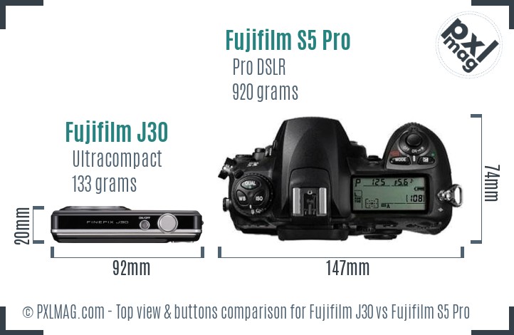 Fujifilm J30 vs Fujifilm S5 Pro top view buttons comparison