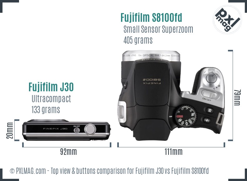 Fujifilm J30 vs Fujifilm S8100fd top view buttons comparison