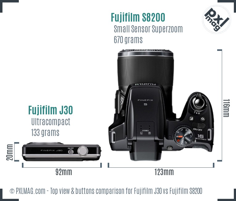 Fujifilm J30 vs Fujifilm S8200 top view buttons comparison