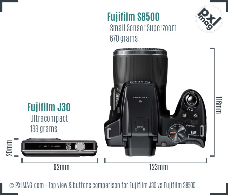 Fujifilm J30 vs Fujifilm S8500 top view buttons comparison
