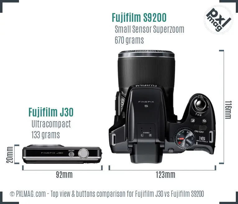 Fujifilm J30 vs Fujifilm S9200 top view buttons comparison