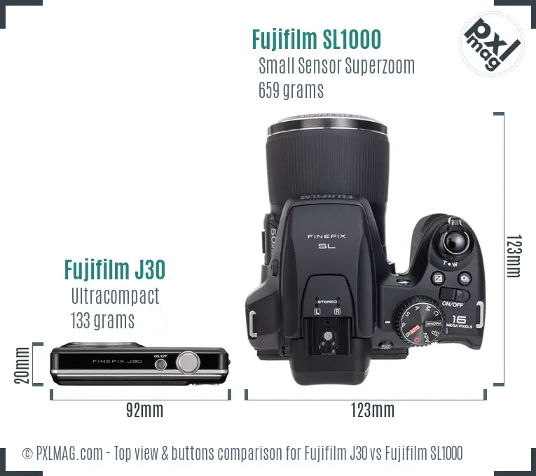 Fujifilm J30 vs Fujifilm SL1000 top view buttons comparison