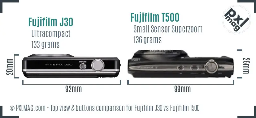 Fujifilm J30 vs Fujifilm T500 top view buttons comparison