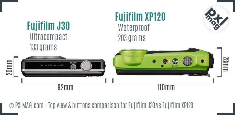 Fujifilm J30 vs Fujifilm XP120 top view buttons comparison
