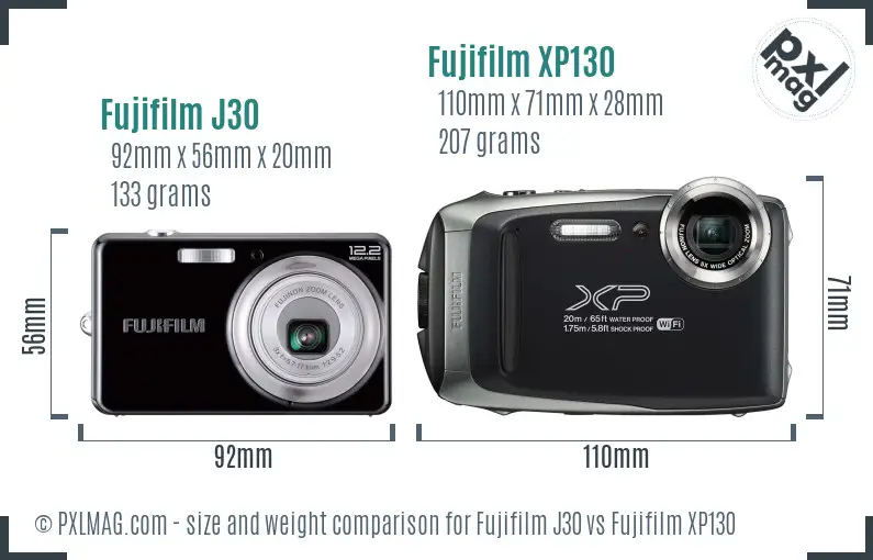 Fujifilm J30 vs Fujifilm XP130 size comparison