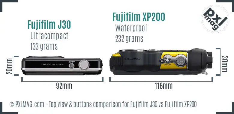 Fujifilm J30 vs Fujifilm XP200 top view buttons comparison