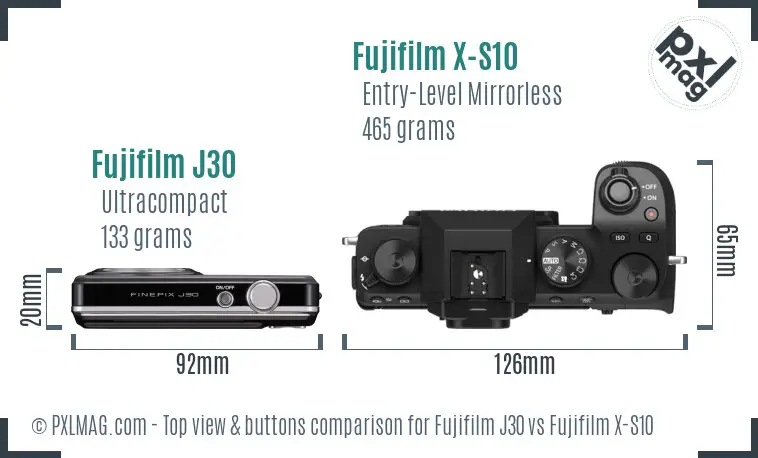 Fujifilm J30 vs Fujifilm X-S10 top view buttons comparison Fujifilm J30 vs Fujifilm X-S10 top view buttons comparison