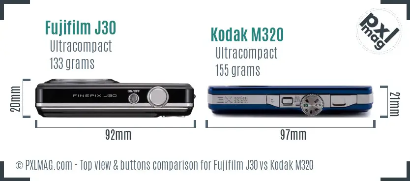 Fujifilm J30 vs Kodak M320 top view buttons comparison