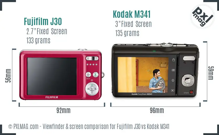 Fujifilm J30 vs Kodak M341 Screen and Viewfinder comparison