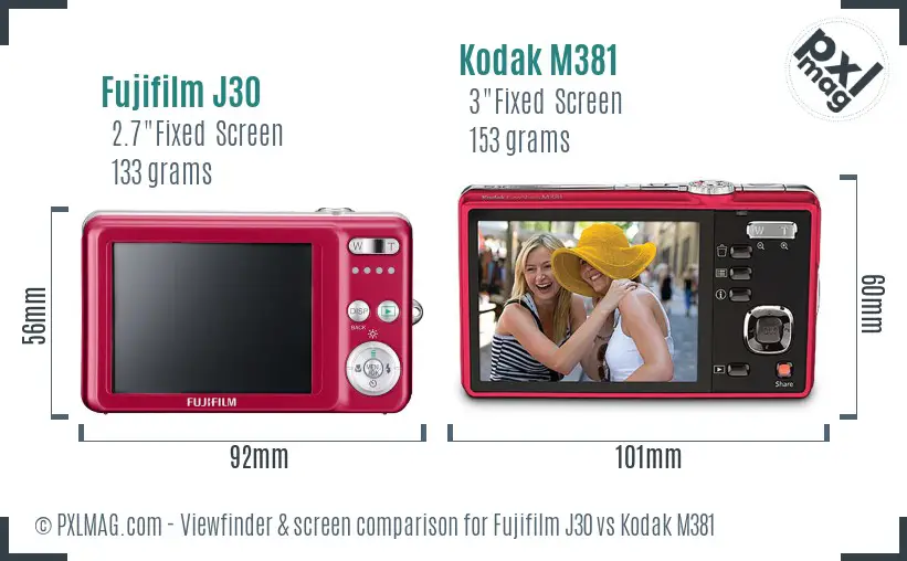 Fujifilm J30 vs Kodak M381 Screen and Viewfinder comparison
