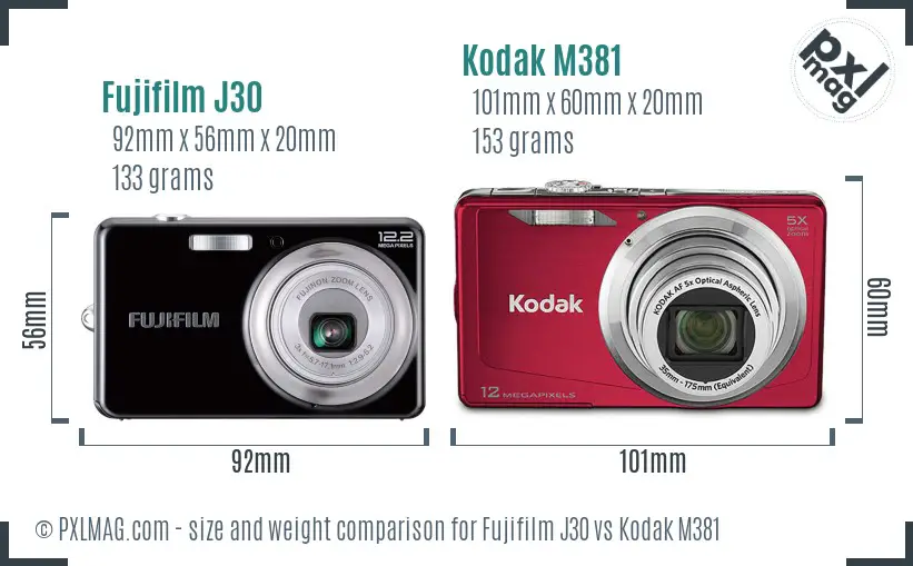 Fujifilm J30 vs Kodak M381 size comparison