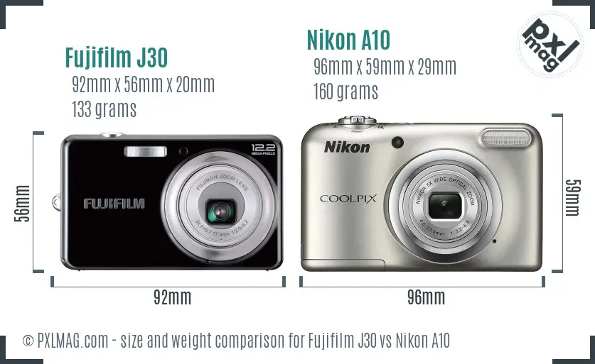 Fujifilm J30 vs Nikon A10 size comparison