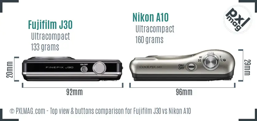 Fujifilm J30 vs Nikon A10 top view buttons comparison