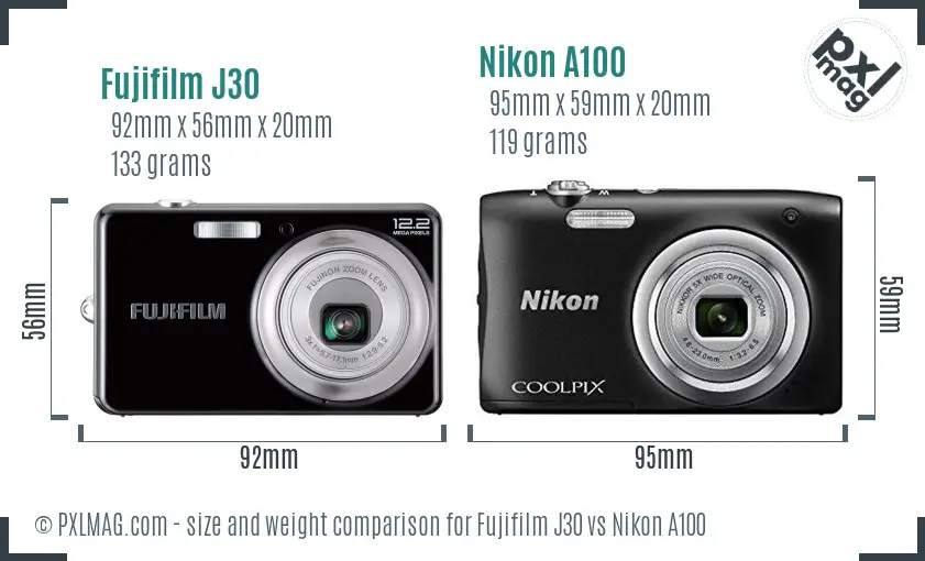 Fujifilm J30 vs Nikon A100 size comparison