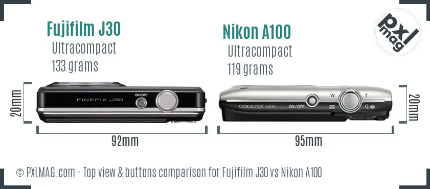 Fujifilm J30 vs Nikon A100 top view buttons comparison