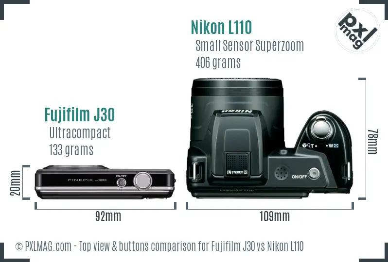Fujifilm J30 vs Nikon L110 top view buttons comparison