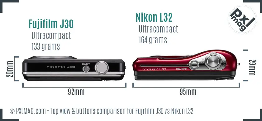 Fujifilm J30 vs Nikon L32 top view buttons comparison