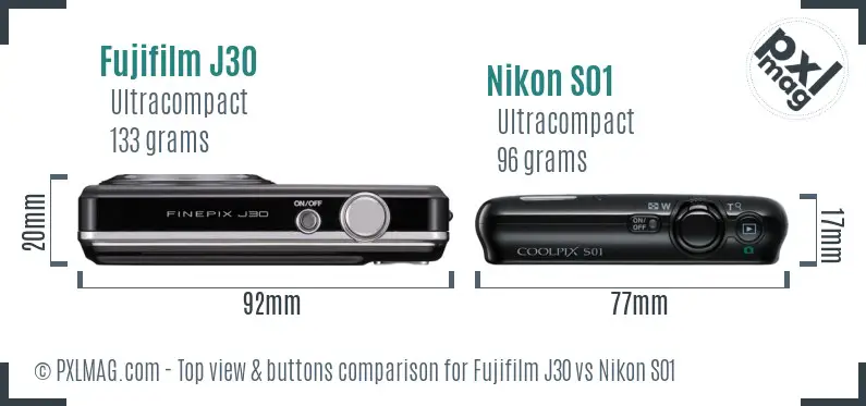 Fujifilm J30 vs Nikon S01 top view buttons comparison Fujifilm J30 vs Nikon S01 top view buttons comparison
