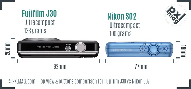 Fujifilm J30 vs Nikon S02 top view buttons comparison