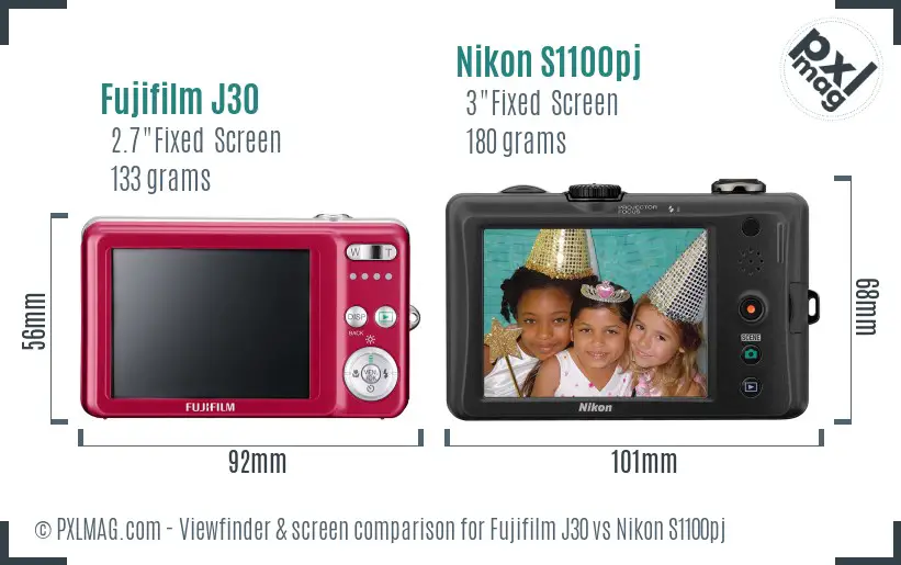 Fujifilm J30 vs Nikon S1100pj Screen and Viewfinder comparison