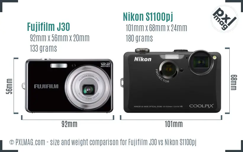 Fujifilm J30 vs Nikon S1100pj size comparison